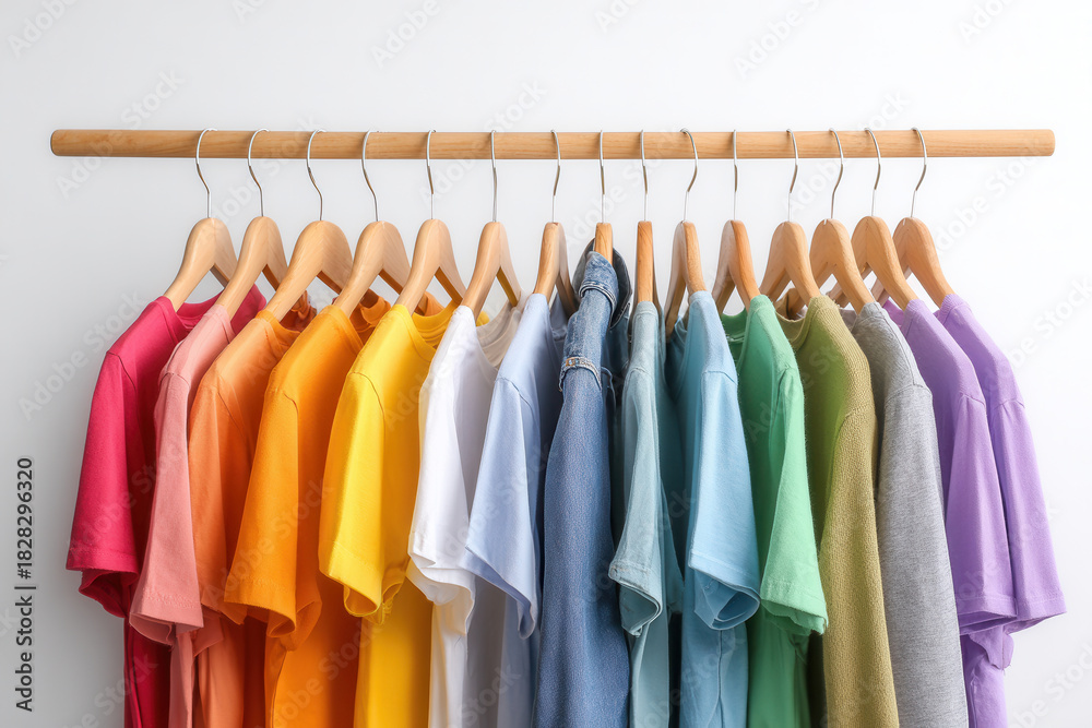 Fototapeta premium Colorful collection of t-shirts hanging on a wooden rack in a bright indoor space