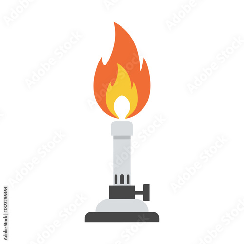 A lit laboratory burner with orange and yellow flames.