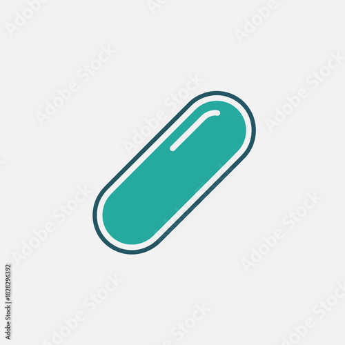 A teal capsule with a dark outline and a white stripe.