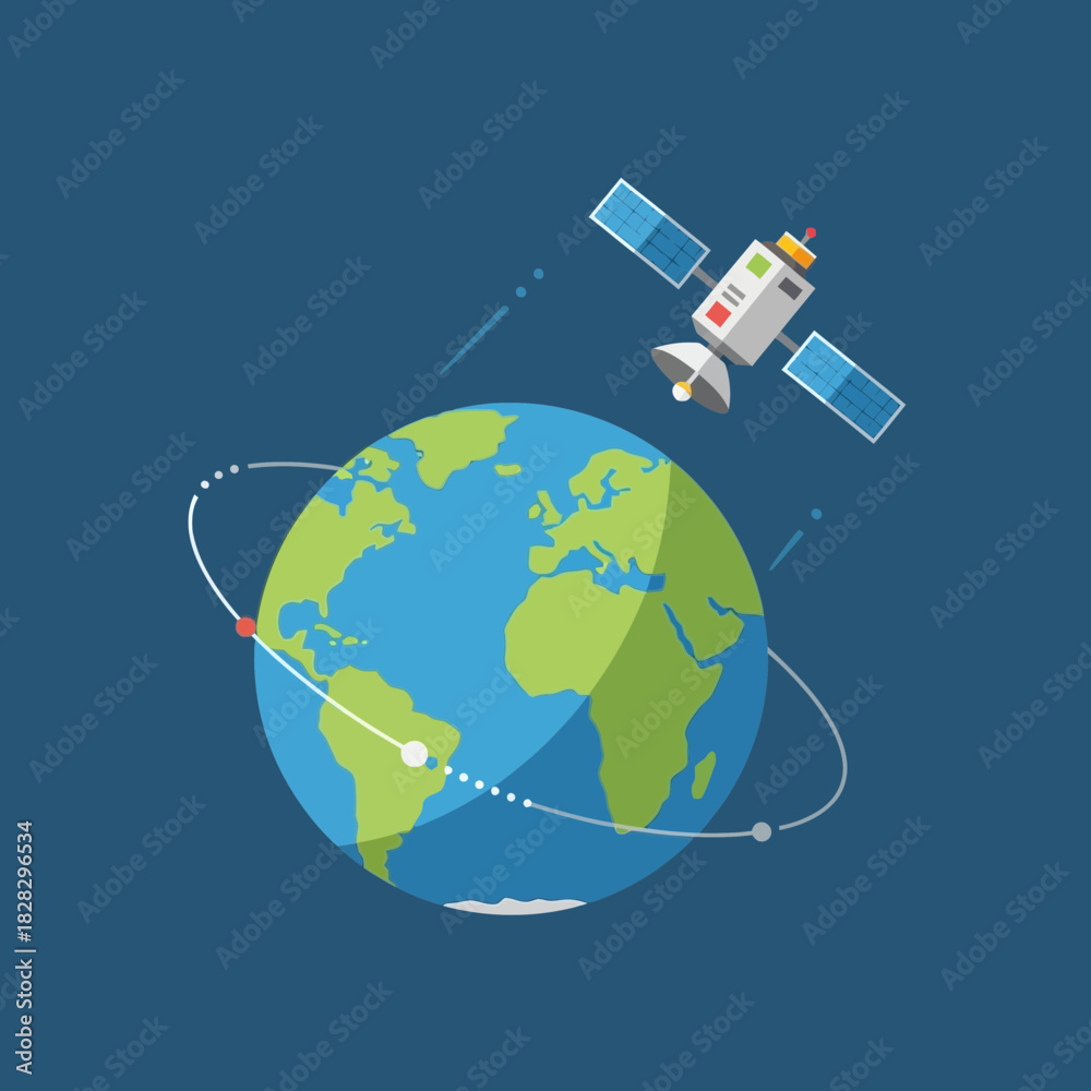 Fototapeta premium Satellite orbits planet earth showing continents and oceans.