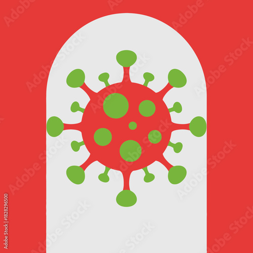 Red and green virus illustration within an arch.