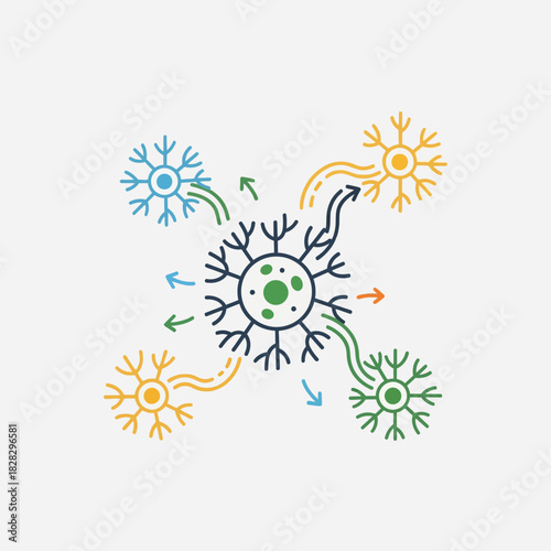 Abstract illustration of interconnected neurons with colorful arrows indicating signal flow.