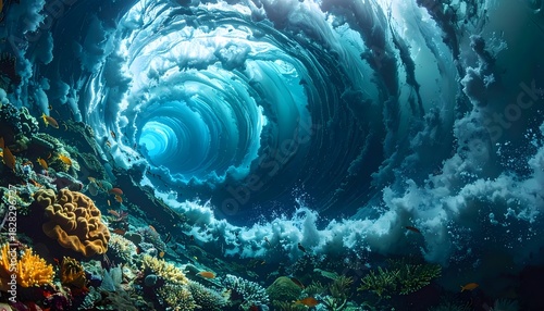 Fototapeta Naklejka Na Ścianę i Meble -  Underwater vortex with vibrant coral reef and swirling blue water.
