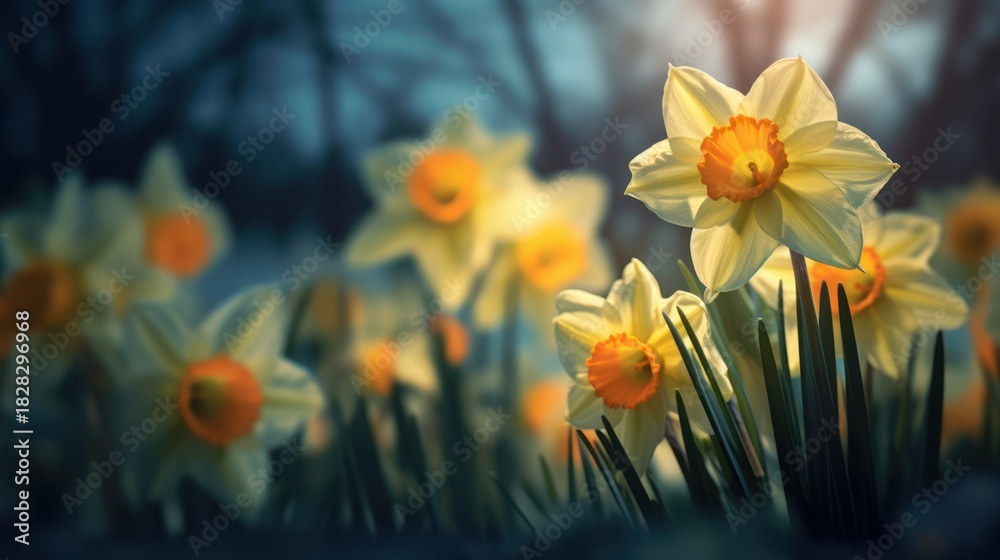 Fototapeta premium Close-up of bright yellow daffodils blooming in a garden during springtime.