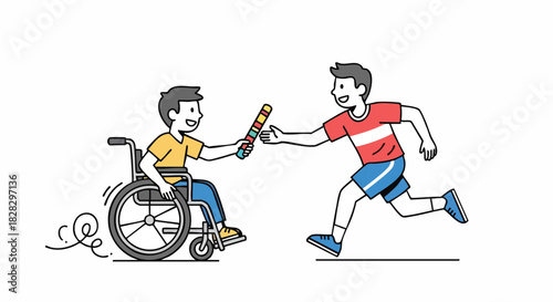 Illustration of a man in a wheelchair receiving a baton from a running man in a colorful, minimalist line art style with a white background.