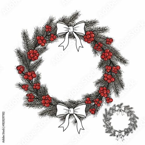 A beautiful hand-drawn illustration of a traditional Christmas holiday wreath with bows and red berries on a white background