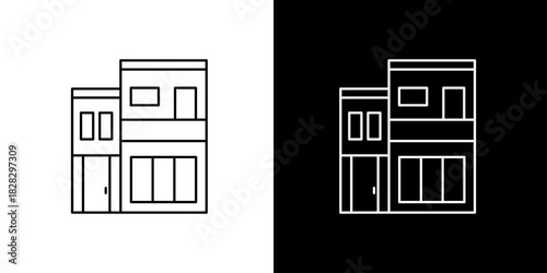 Simple line icon of a modern residential house or building, isolated vector illustration set on black and white backgrounds