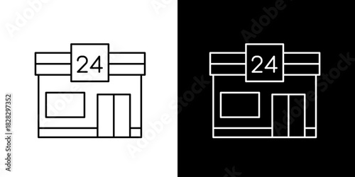 Vector line art icon of a 24-hour convenience store. Simple pictogram representing a shop or market that is open all day and night