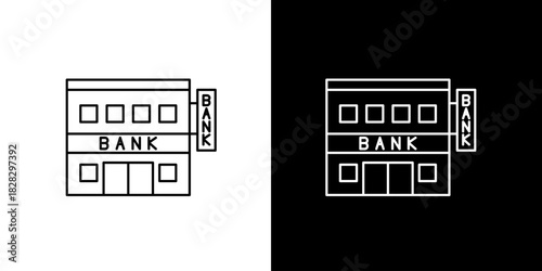Simple line art icon of a bank building, a vector illustration representing a financial institution, money, and commercial architecture