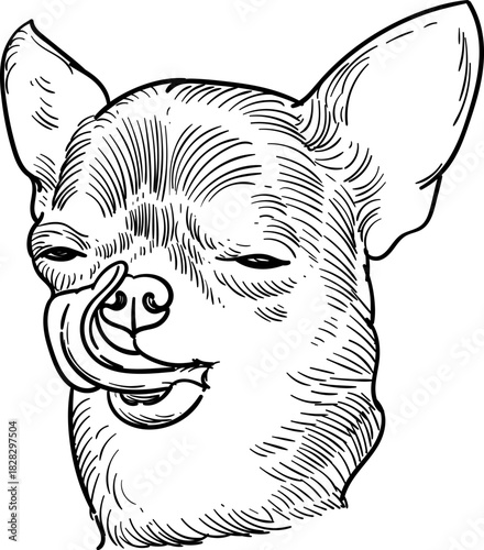 Vintage hand drawn sketch of chihuahua lick the nose