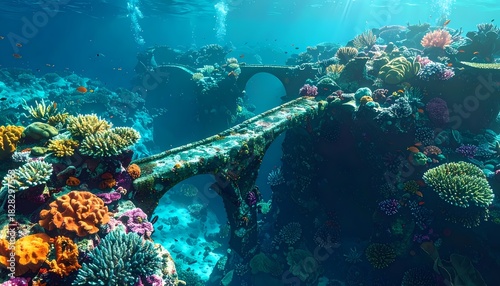 Fototapeta Naklejka Na Ścianę i Meble -  Vibrant underwater scene with colorful coral reefs and an ancient submerged bridge bathed in sunlight.