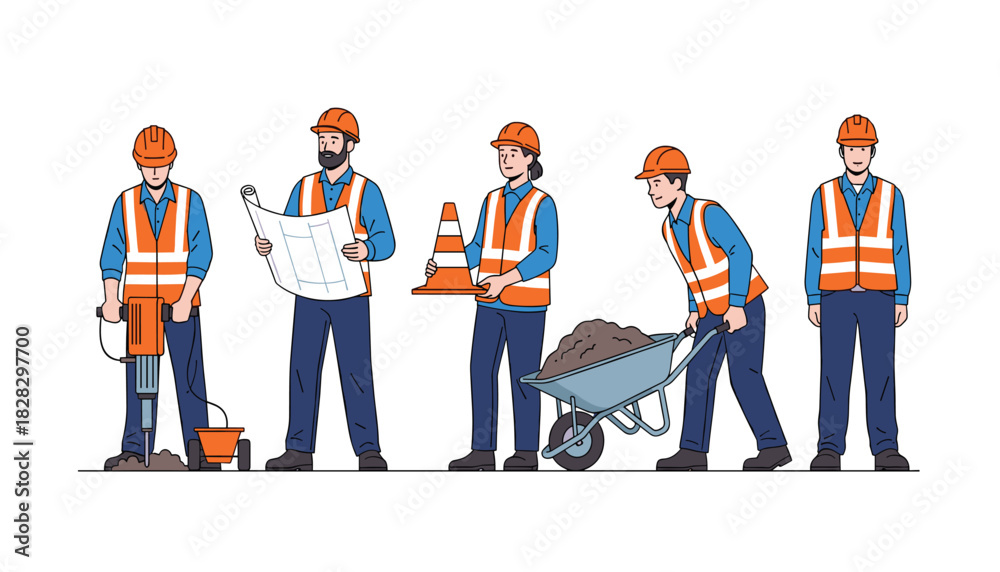 Obraz premium Vector Art of Five Workers Performing Key Construction Tasks 