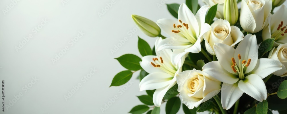 Obraz premium Elegant white lilies and roses in a funeral arrangement , design, closeup, sympathy