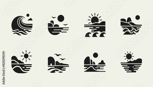 Coastal Scene Icons – Vector Set of Minimalist Ocean and Sunset Designs