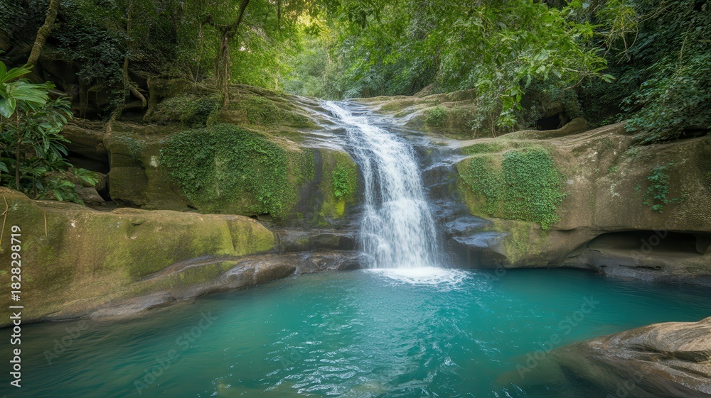 Naklejka premium Waterfall cascading into a clear turquoise pool surrounded by lush greenery