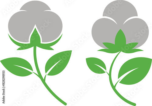 Two stylized cotton plants with grey bolls and green leaves leaf stem