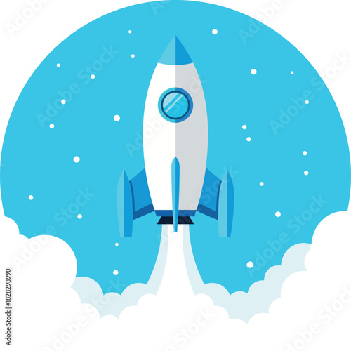 White and blue rocket launching through clouds and stars space spaceship