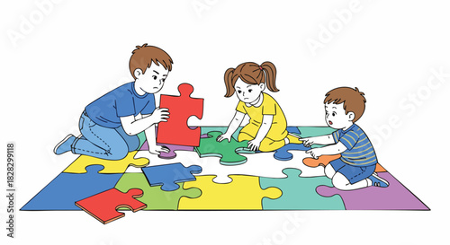 Three children playing with colorful puzzle pieces on a large mat with a white background.