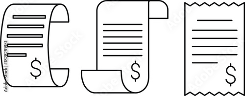 Three black outline icons of paper receipts with dollar signs bill invoice