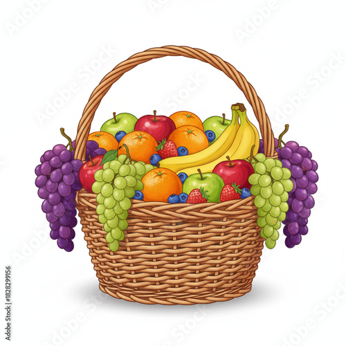Wicker basket full of fresh fruits illustration isolated on white background