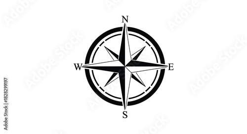 Vintage compass rose illustration with cardinal directions in black and white silhouette