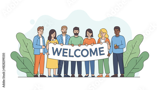 Welcome Together: Diverse Group Vector Illustration for Community Events and Social Unity