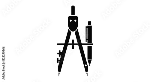 Drafting compass with pencil illustration in black and white silhouette