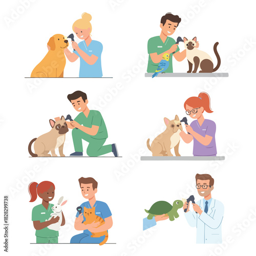Veterinarian examining pets of various species