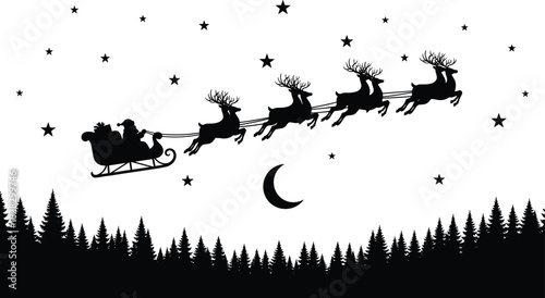 Black Silhouette Vector of Santa Claus Flying Over Pine Tree Forest with Reindeer Team, Stars, and Crescent Moon Against Night Sky for Christmas Holiday Design.