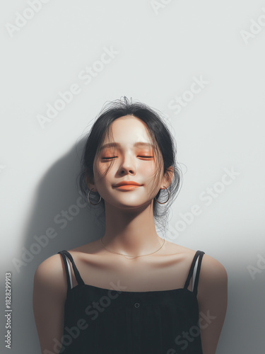 Beautiful Woman with Eyes Closed Smiling Peacefully, Wearing Black Tank Top and Gold Jewelry