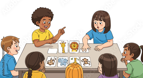 A diverse group of children sitting around a table with a teacher, engaged in an educational activity with various toys and blocks in a colorful setting.