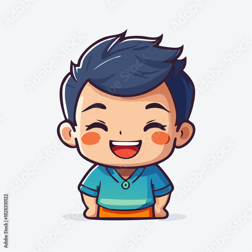 Happy Cartoon Boy Icon Smiling Child with Blue Hair and Cheerful Expression in Simple Style