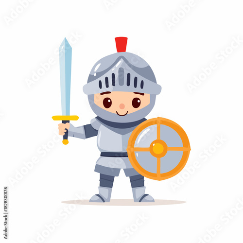 A charming cartoon knight boy in a full suit of medieval armor, standing bravely with a sword and shield, vector illustration