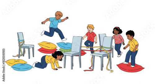 Illustration of children playing musical chairs with colorful cushions on a plain white background in a lively and playful mood.