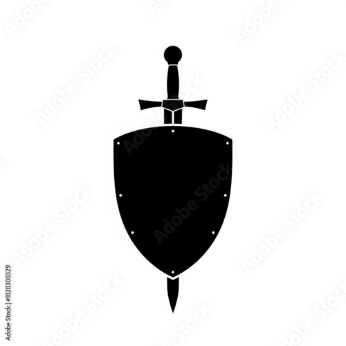 Illustration of a shield with rivets and a sword behind it in a black silhouette on a white background