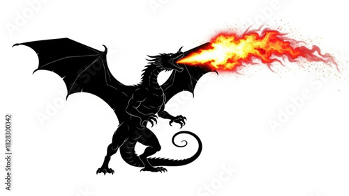 Silhouette of a dragon with wings spread and fire coming from its mouth in a white background