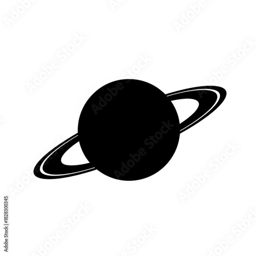 Illustration of a black planet with a ring system orbiting it against a white background space scene