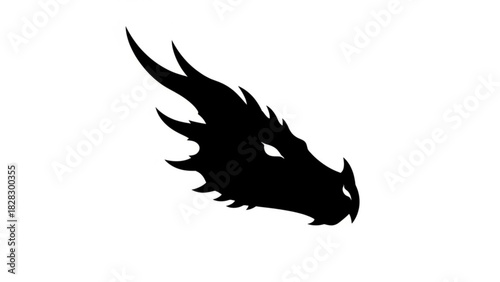 Silhouette of a dragon head with horns and spikes facing right on a white background design element