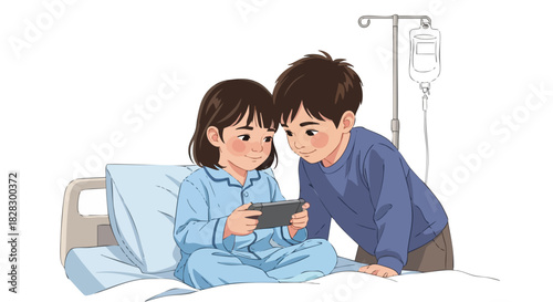 Illustration of a young boy and girl in hospital pajamas looking at a tablet together on a hospital bed with an IV pole in the background, conveying a caring and comforting mood.