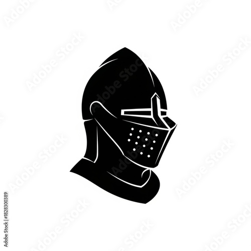Black and white graphic illustration of a medieval knight helmet with visor and neck protection