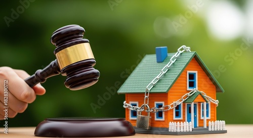 Gavel striking block near chained house for foreclosure concept, a symbol of housing crisis, eviction, real estate law, and property auction decisions