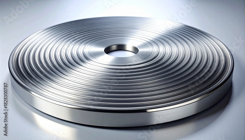 Hyper-detailed 4K product image showcasing a Cellwave therapeutic disc, featuring precise concentric ridges and a metallic finish