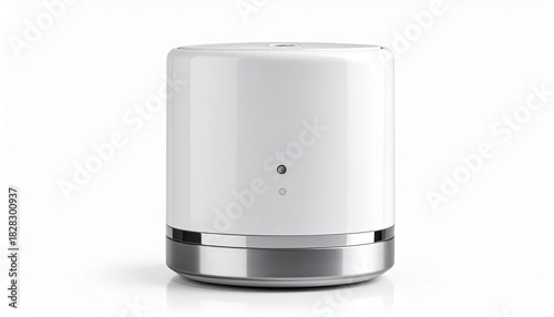 Ultra-realistic close-up of a contemporary Mediflux micro-therapy system, featuring a sleek matte white medical-grade cylindrical unit with a refined metallic base