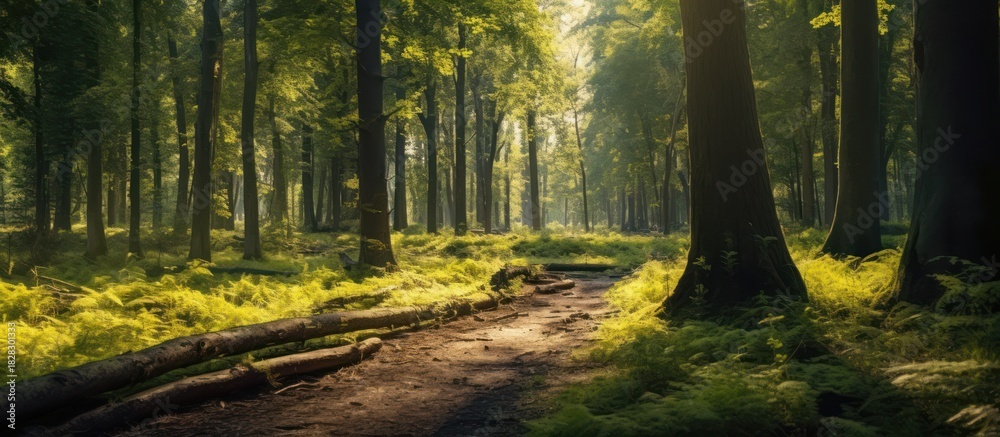 Obraz premium Sunlit Forest Path Bathed in Golden Light with Lush Greenery.
