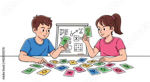 Two children playing a card game at a table with a white background and scattered colorful cards.