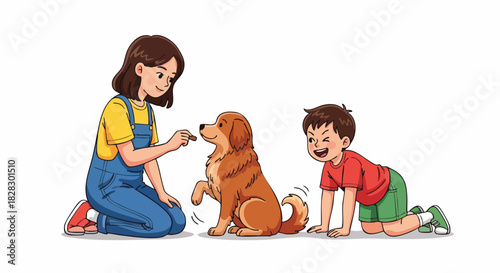 A woman and a boy interacting with a golden retriever dog on a white background in a playful scene.