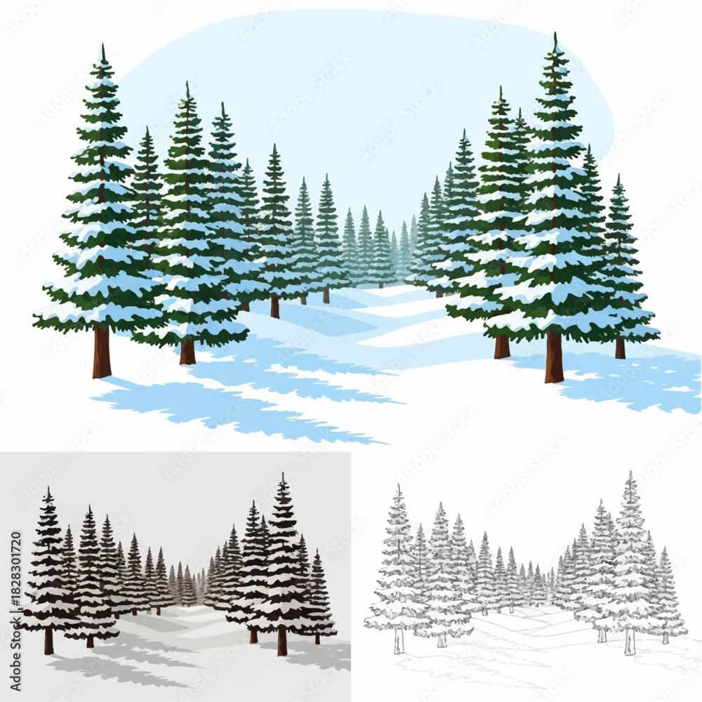 Obraz premium A serene winter landscape illustration showing a path through a dense forest of snow-covered evergreen fir trees