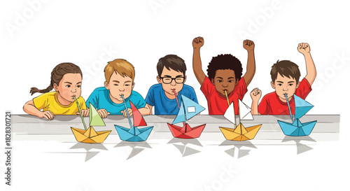 Diverse group of five children cheering while racing paper boats on a table with a white background.
