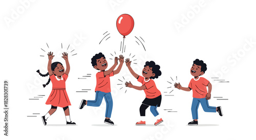 Illustration of diverse children playing and reaching for a red balloon in a lively scene with motion lines, on a white background.
