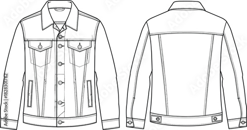 Classic Denim Trucker Jacket Technical Fashion Flat Sketch, Featuring Flap Pockets, Panel Seams, and Button Closures, Front and Back View Vector CAD.